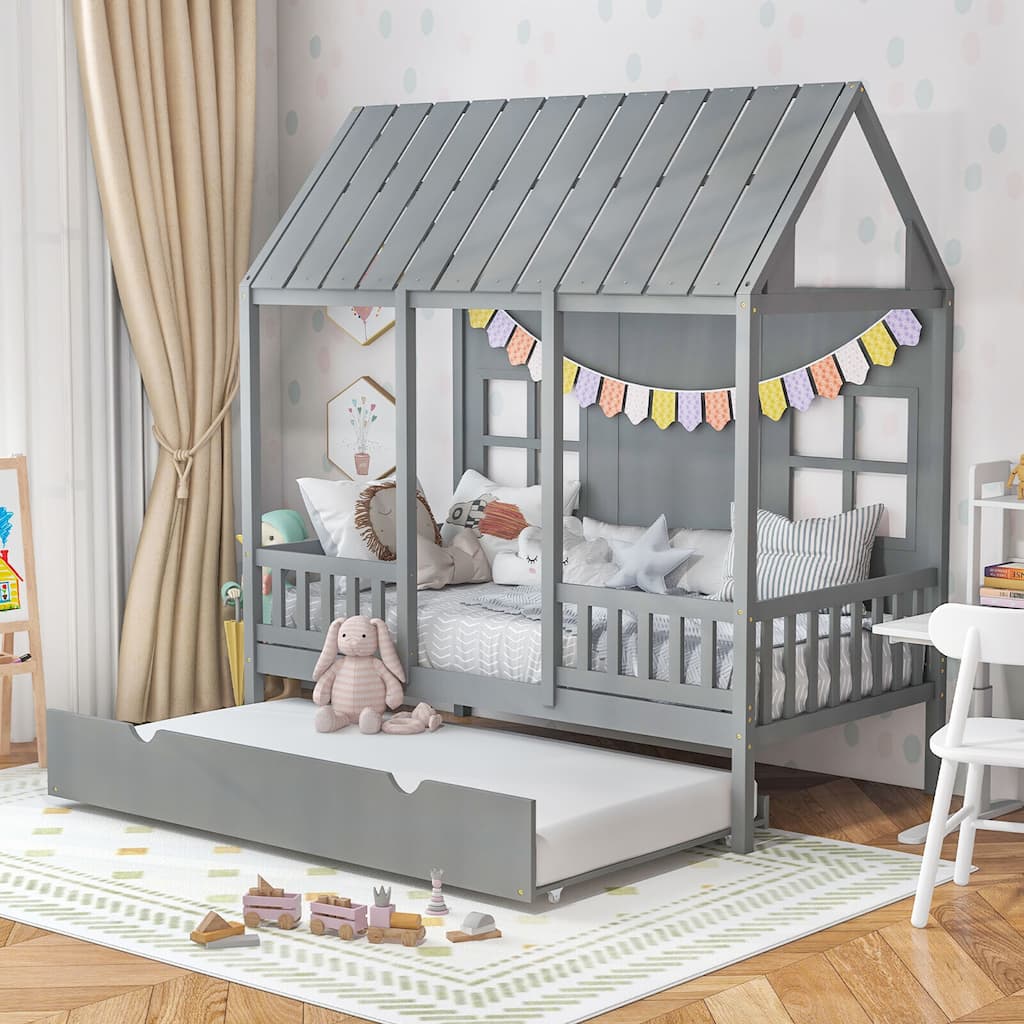 Gymax Twin Size House Bed with Trundle Fence Decor Wooden Windows Tall