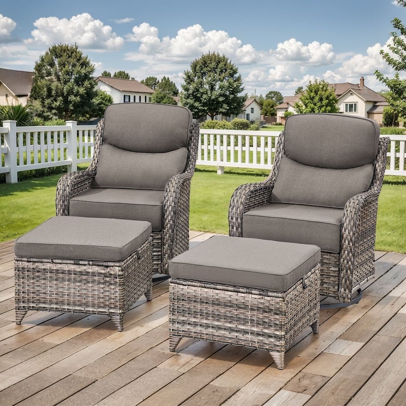 Outdoor Swivel Chairs with 6-Inch Thick Cushions for Garden - Grey Wicker Grey Cushion - 4PCS Swivel Chair w/ Ottoman