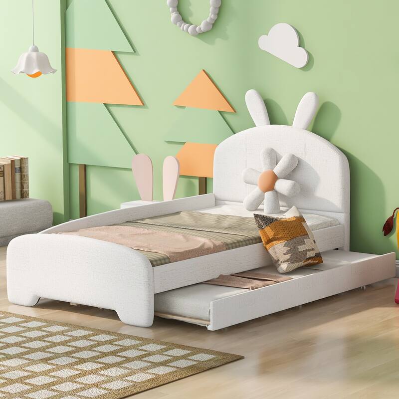 Playful Twin Daybed with Guardrail, Chenille Upholstery, Cartoon Ears