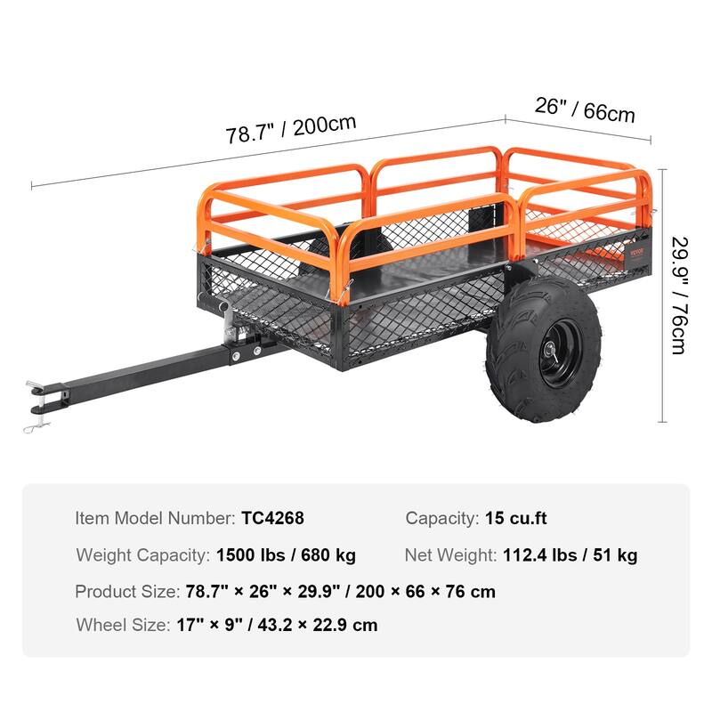 VEVOR Heavy Duty Steel ATV Dump Trailer 15 Cubic Feet Tow Behind Dump Cart Garden Trailer