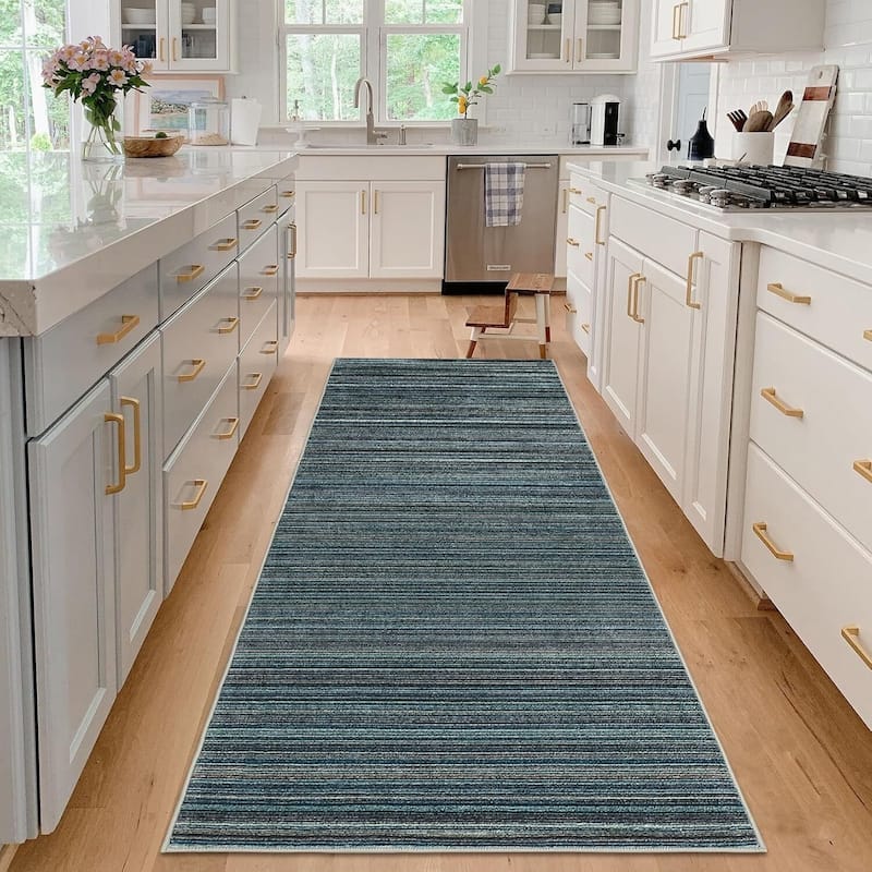 Modern Stripe Machine Washable Area Rug for Bedroom, Living Room, Blue - 1'6" x 2'6"