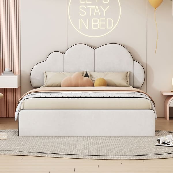 slide 2 of 26, Upholstered Platform Bed Queen Size Bed Frame with Cloud-shaped Headboard and Footboard, No Box Spring Needed Velvet Fabric聽 Beige - Queen