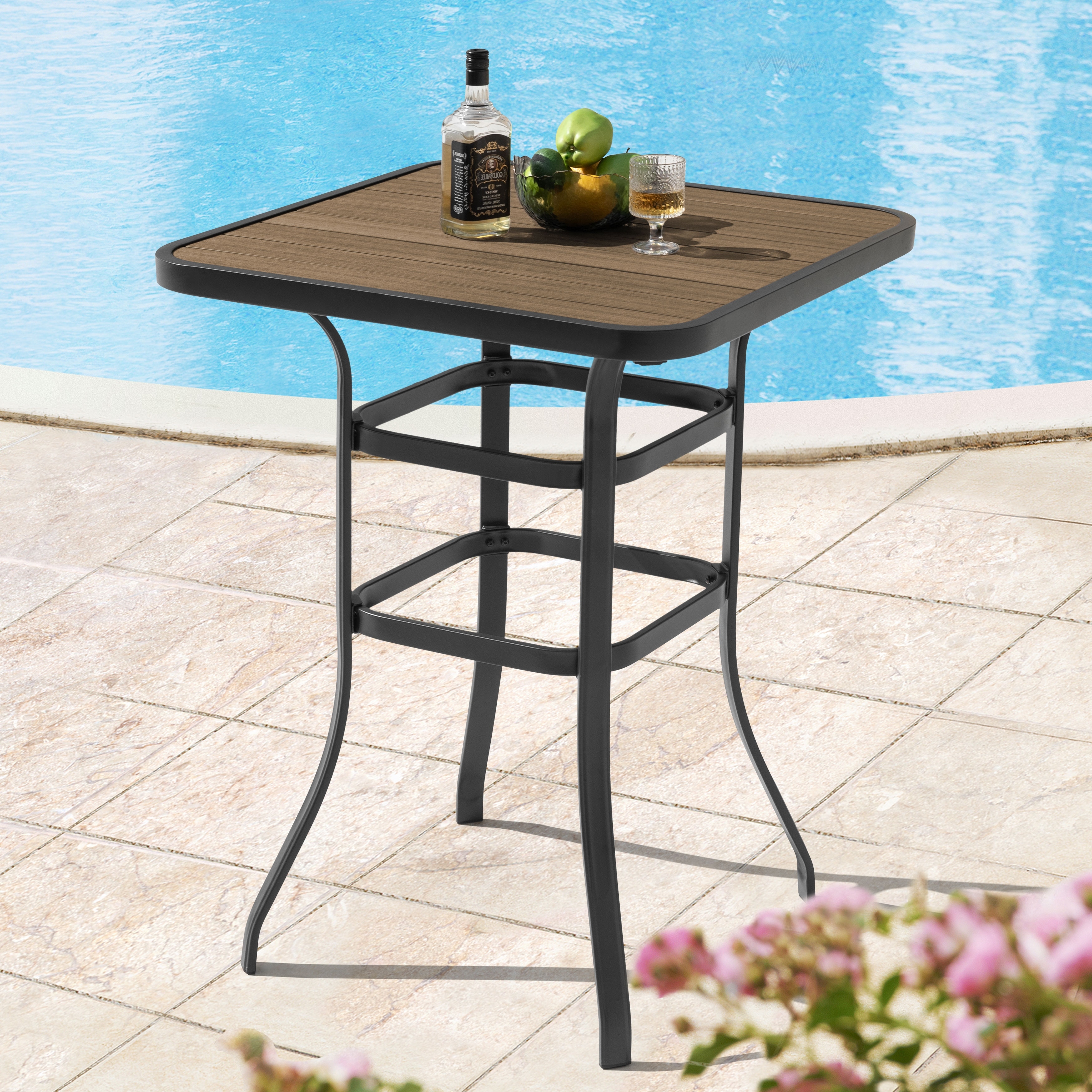 Nuu Garden Outdoor Square Height Bar Table with Faux Wood Tabletop, Brown