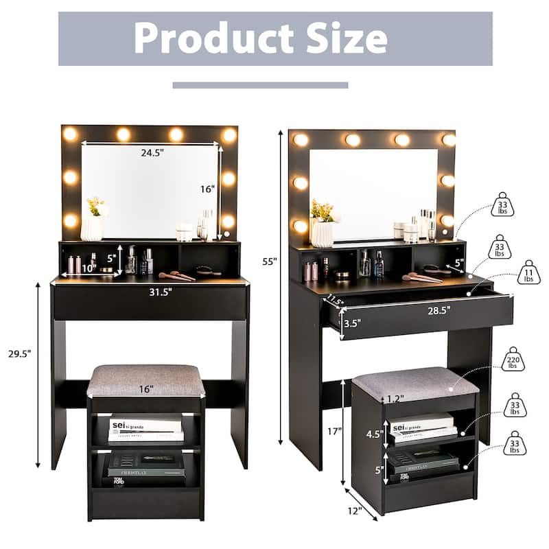 Vanity Table Set with Lighted Mirror Makeup Dressing Desk with Stool