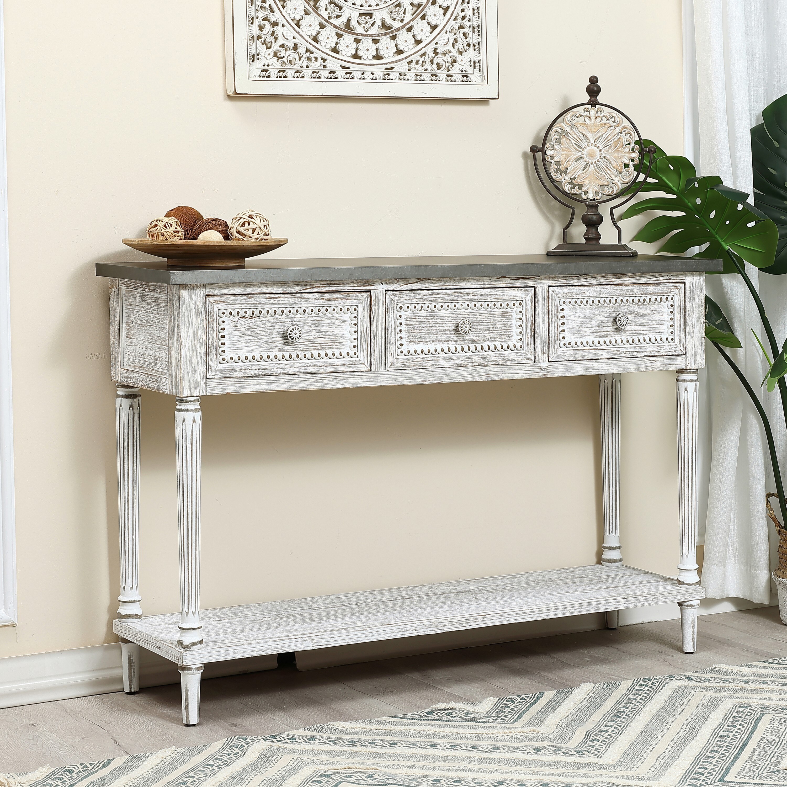 Distressed wood console deals table with drawers