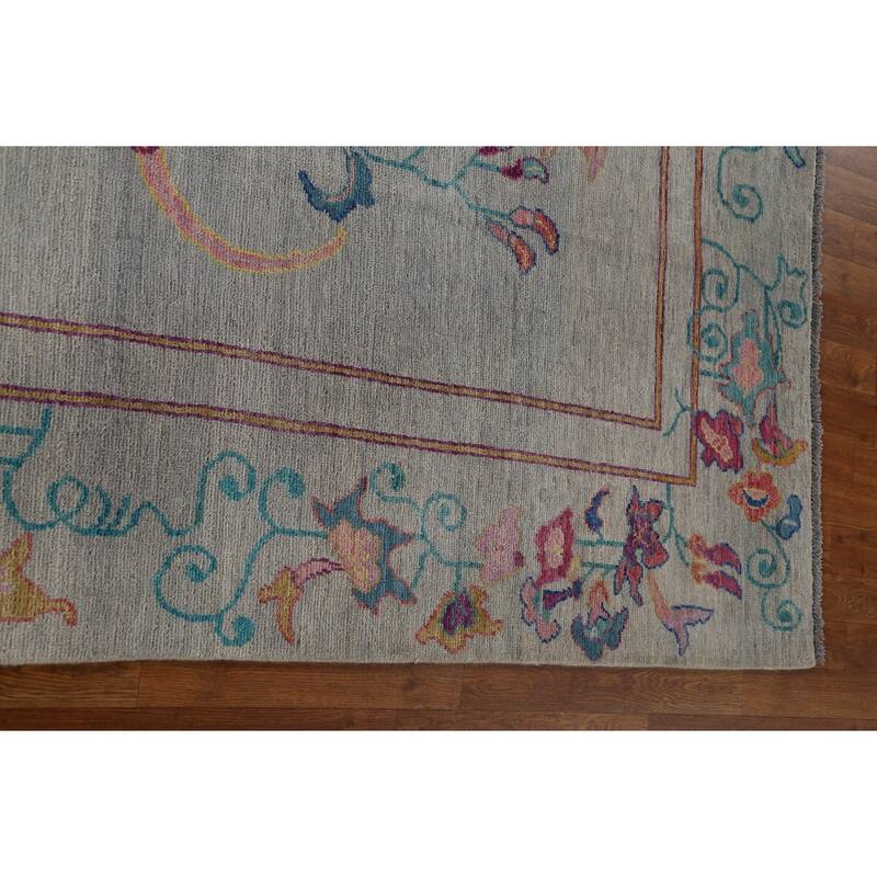Hand Knotted Oriental 100% Wool Carpet Traditional Floral Greys & Charcoal Art Deco Area Rug - 11' 6'' X 9' 0''
