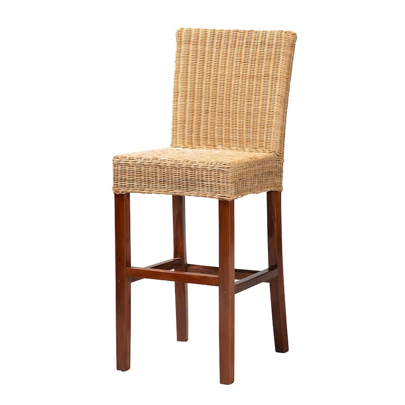 Racquel Modern Bohemian Natural Rattan and Mahogany Wood Bar Stool - Natural Brown, Walnut Brown