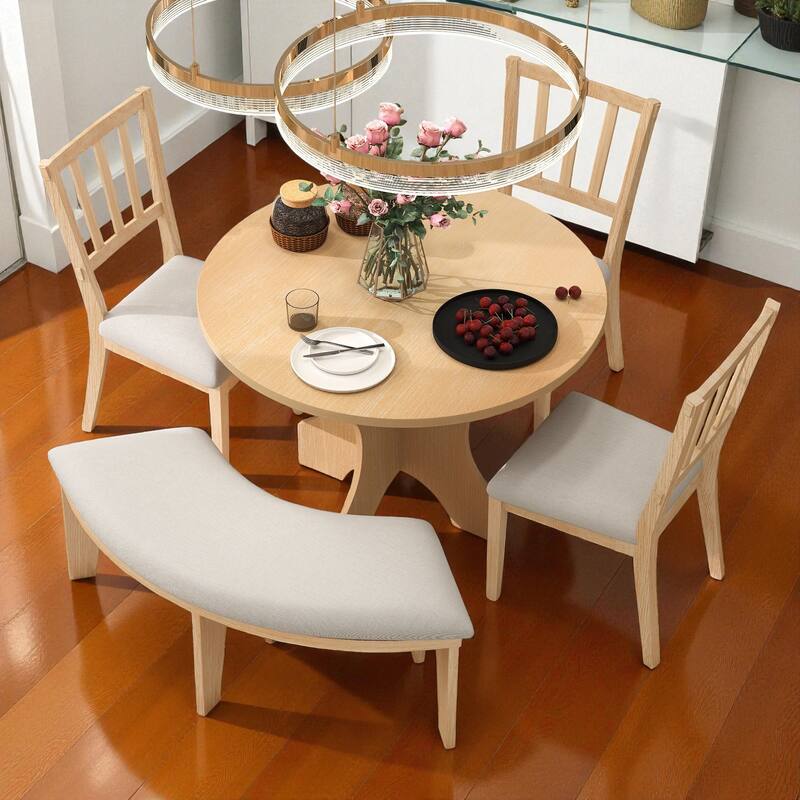 5-Piece Rustic Round Dining Table Set with 3 Upholstered Chairs and Curved Bench, Wood Farmhouse Kitchen Furniture - Natural