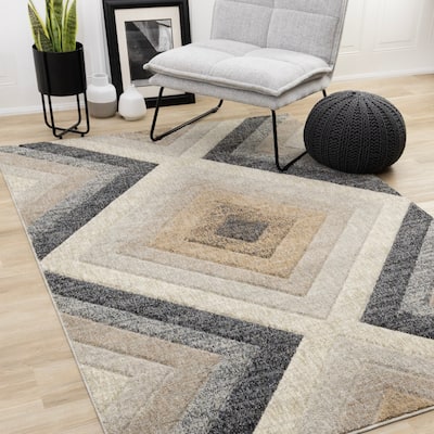Caro Collection - Recycled Polyester Diamond Cream Grey Area Rug