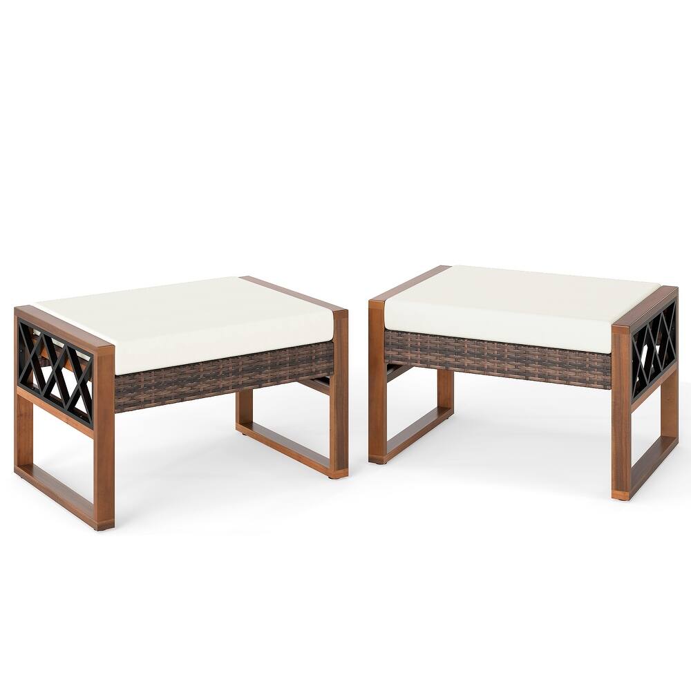 Set of 2 Outdoor Wicker Ottomans with Cushions Mix Brown PE Rattan and Acacia Wood Footrests Patio Furniture - 26" × 19" × 16"