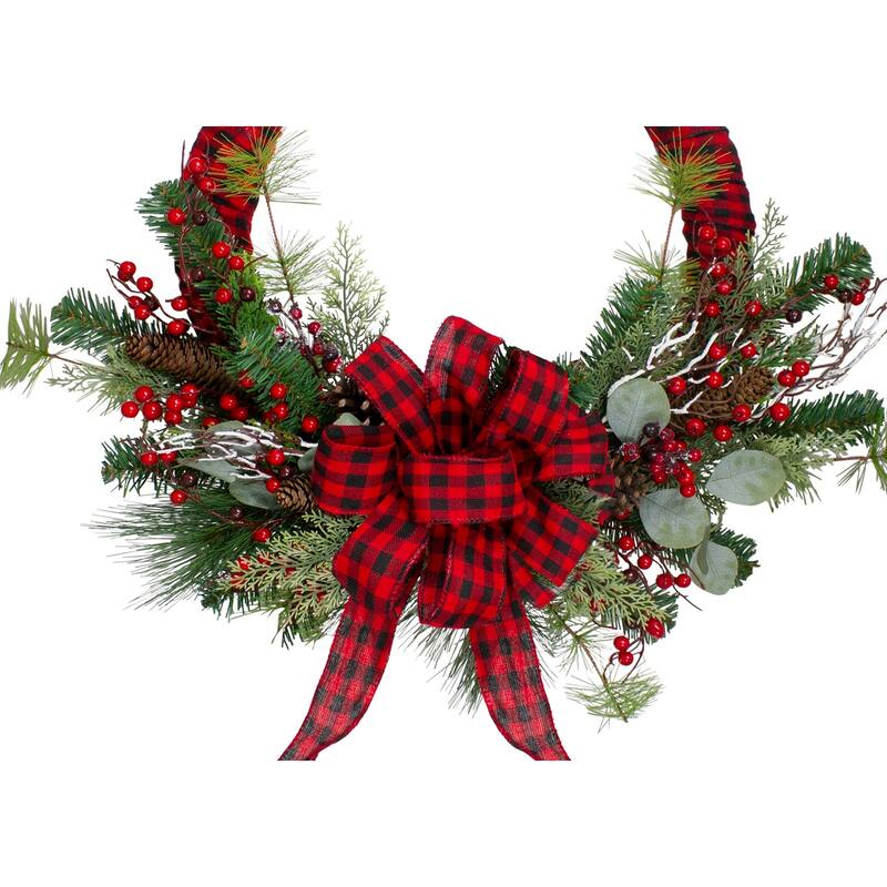 Red Black Buffalo Plaid Berry Artificial Christmas Wreath - 24", Unlit