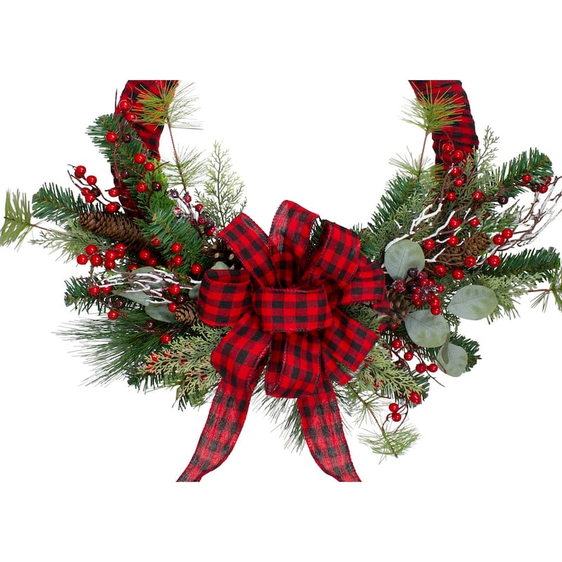 Red and Black Buffalo Plaid and Berry Artificial Christmas Wreath - 24-Inch Unlit - 24"