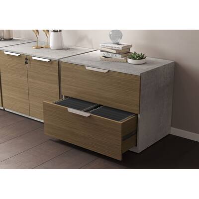 Broome Lateral Filing Cabinet in Weathered Concrete on Latte Walnut