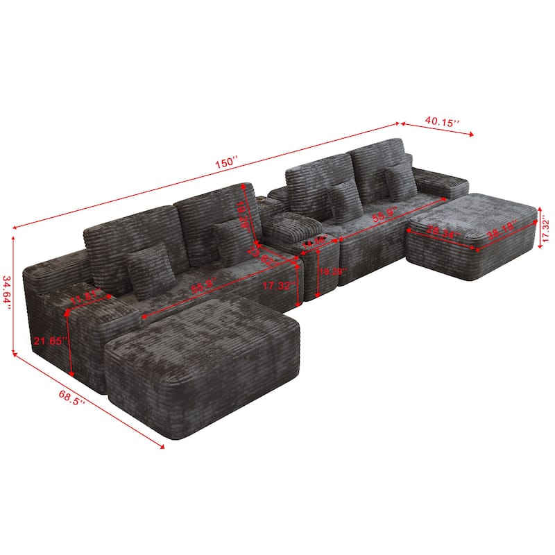 Corduroy Sectional Sofa with Ottomans, Console Table with Storage Box, Charging Station, Cup Holders and Bluetooth Speaker