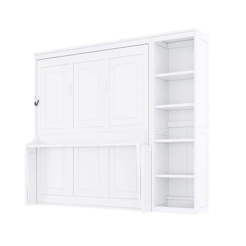 Queen/Full Size Wood Murphy Bed Foldable Wall Bed with Desk and Bookshelf