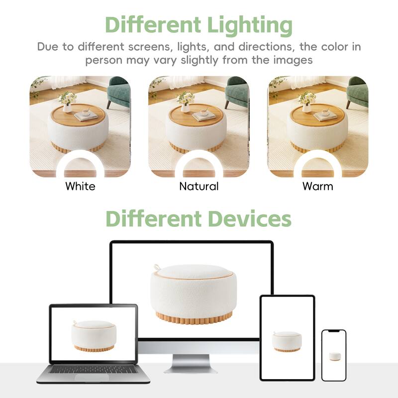 29" Round Storage Ottoman with Solid Wood Legs, Coffee Table with Reversible Lid, Boucle Fabric Footrest for Living Room