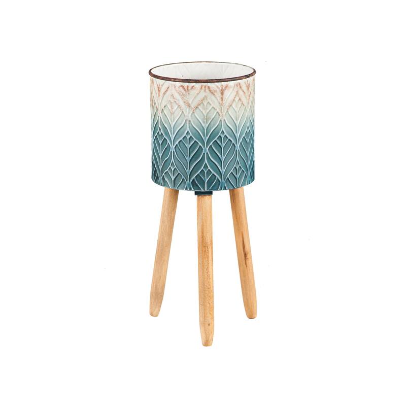 Ombre Blue Feather Metal Planters with Wooden Legs (3-Pack)