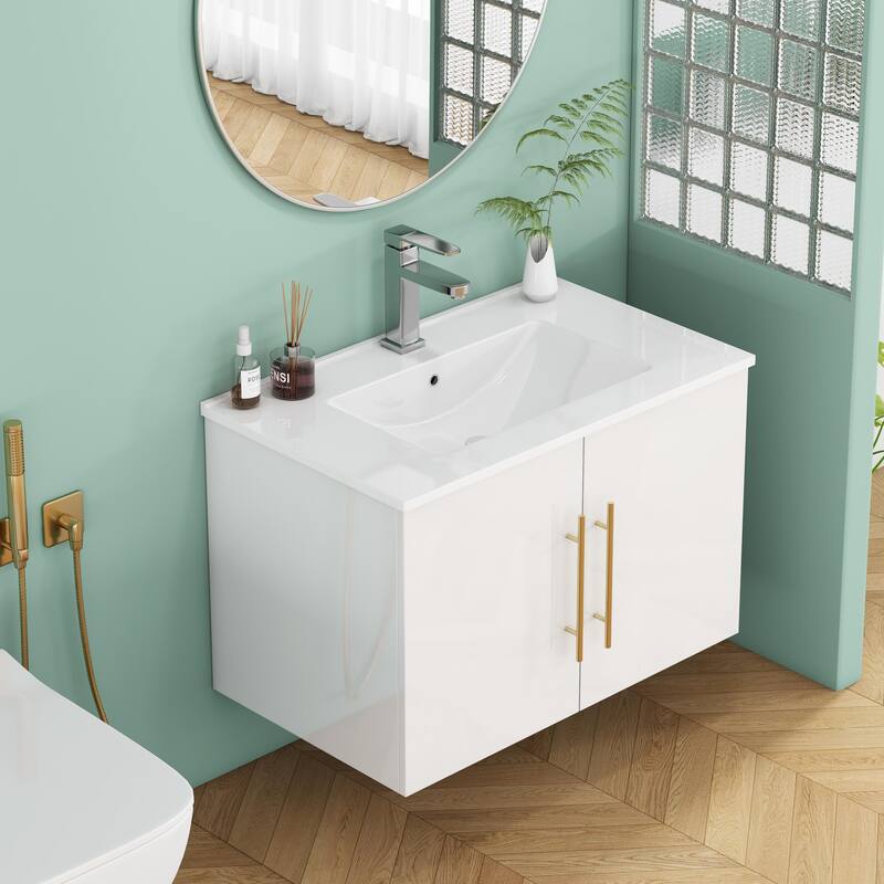 30-Inch Gloss Wall-Mounted Bathroom Vanity with Double Doors, Soft-Close Hangers,Long Gold Metal Handle