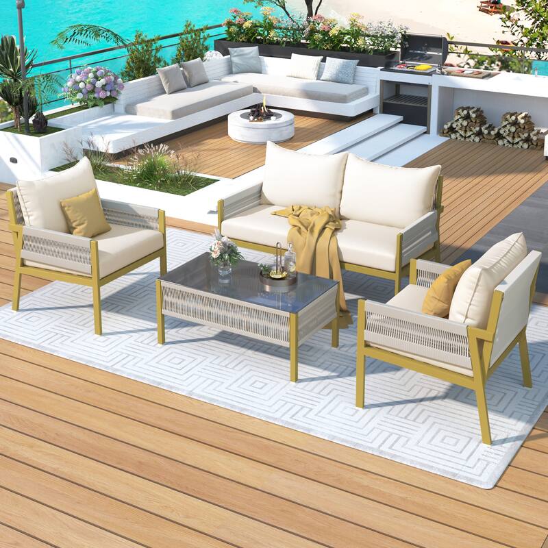 4-Piece Patio Furniture Set, Outdoor Garden Conversation Set with Tempered Glass Table, Deep Seating and Thick Cushion