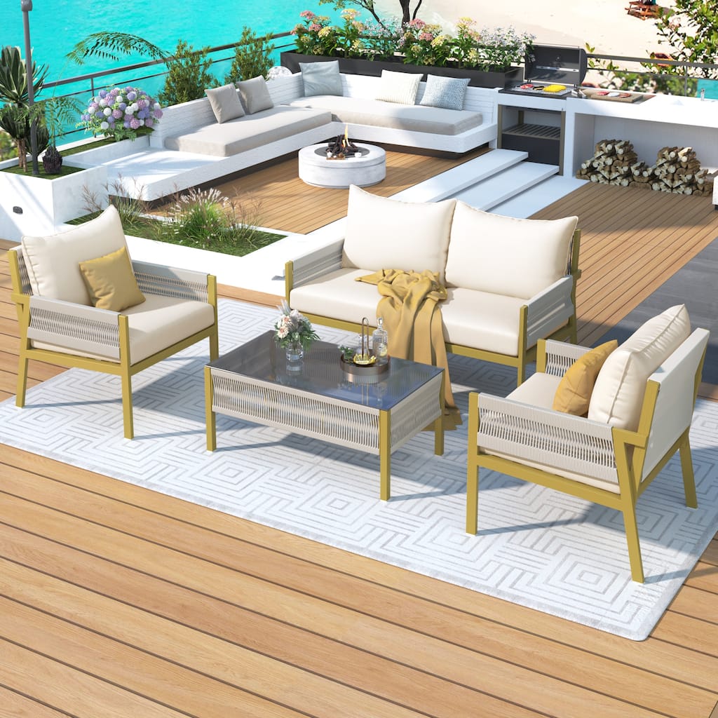 4-Piece Rope Patio Furniture Set,Outdoor Furniture with Tempered Glass Table for Backyard Porch Balcony