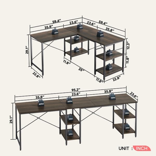 dimension image slide 3 of 9, 95.2 Inch L Shaped Desk with Shelves Home Office Computer Desk