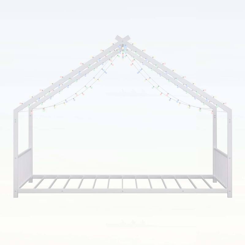Platform Bed with LED light strips,roof-shaped iron frame,and low profile design for safety and style