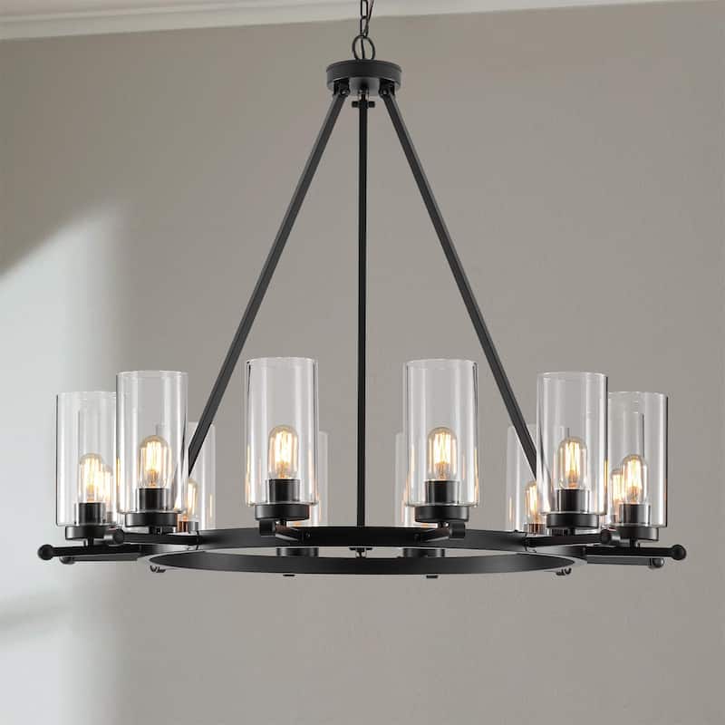 12-Light Mid-Century Modern Black Wagon Wheel Chandelier with Clear Glass Shades - 39.37 in. W x 36.61 in. H - 39.37 in. W x 36.61 in. H - Black