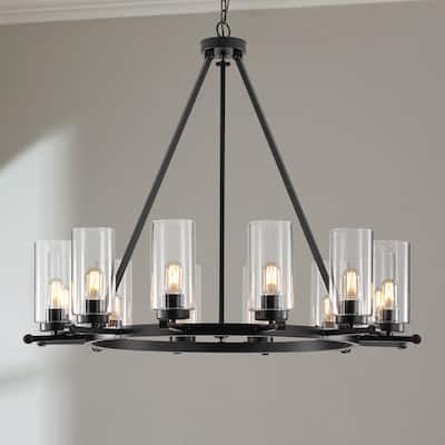 12-Light Mid-Century Modern Black Wagon Wheel Chandelier with Clear Glass Shades - 39.37 in. W x 36.61 in. H