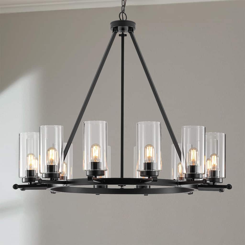 12-Light Mid-Century Modern Black Wagon Wheel Chandelier with Clear Glass Shades - 39.37 in. W x 36.61 in. H