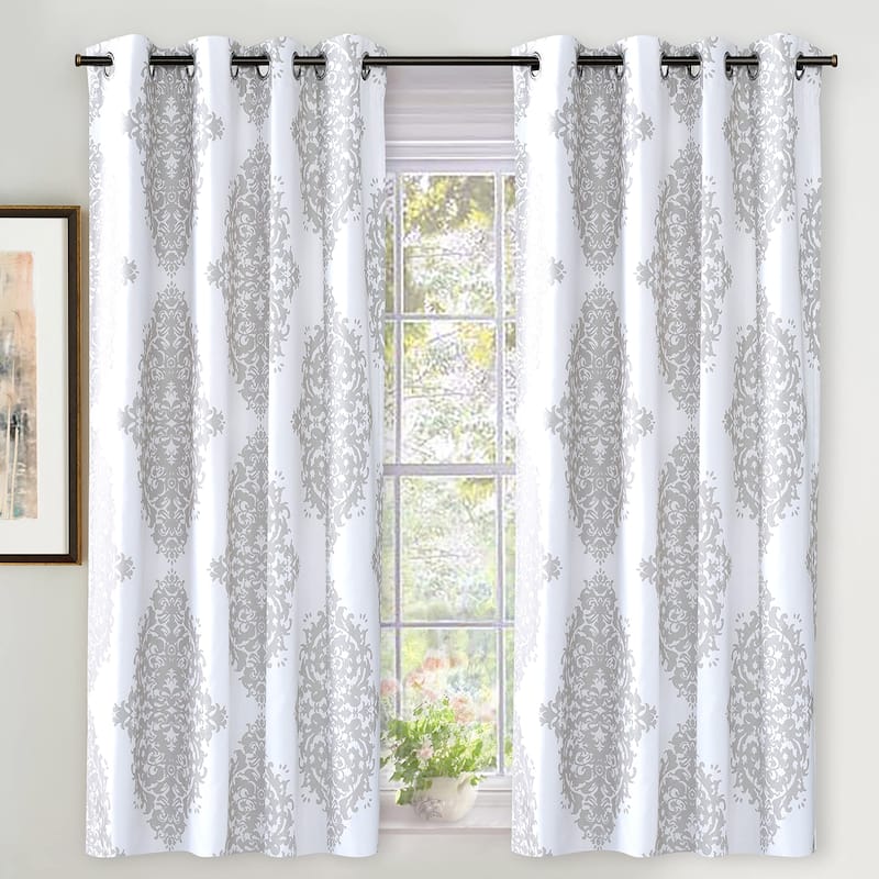 DriftAway Asher Medallion European Floral Blackout Lined Curtain 2 Panels - 52" Width X 63" Length - Grey