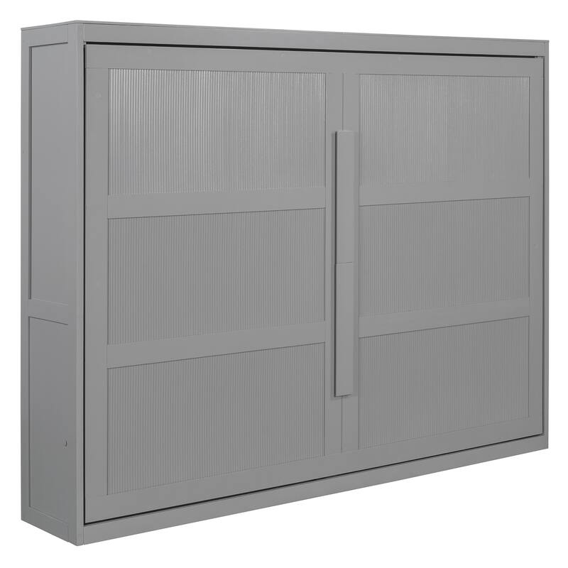 Gray Queen Murphy Bed with LED Lighting, Modern Wall Bed, No Box Spring Needed