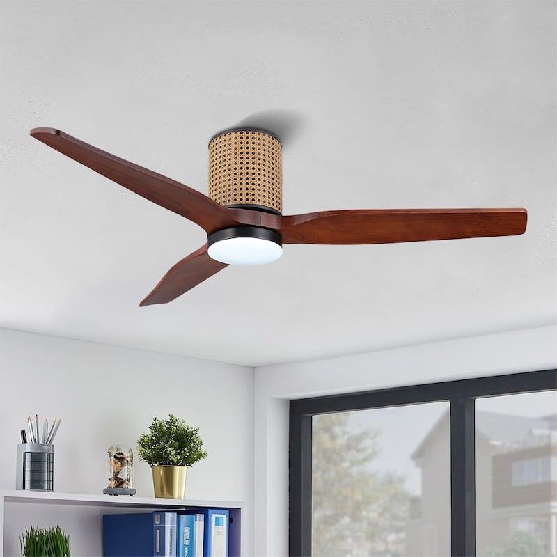 MLiAN 52 In. 3 Solid Wood Blades Flush Mount Ceiling Fan with Light Kit - 52" - Walnut