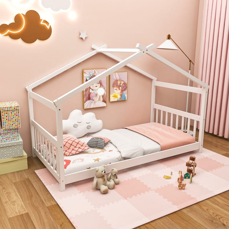 Twin House Bed Frame for Kids with Roof Design and Wood Slat Support
