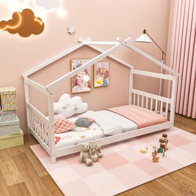 Twin House Bed Frame for Kids with Roof Design and Wood Slat Support