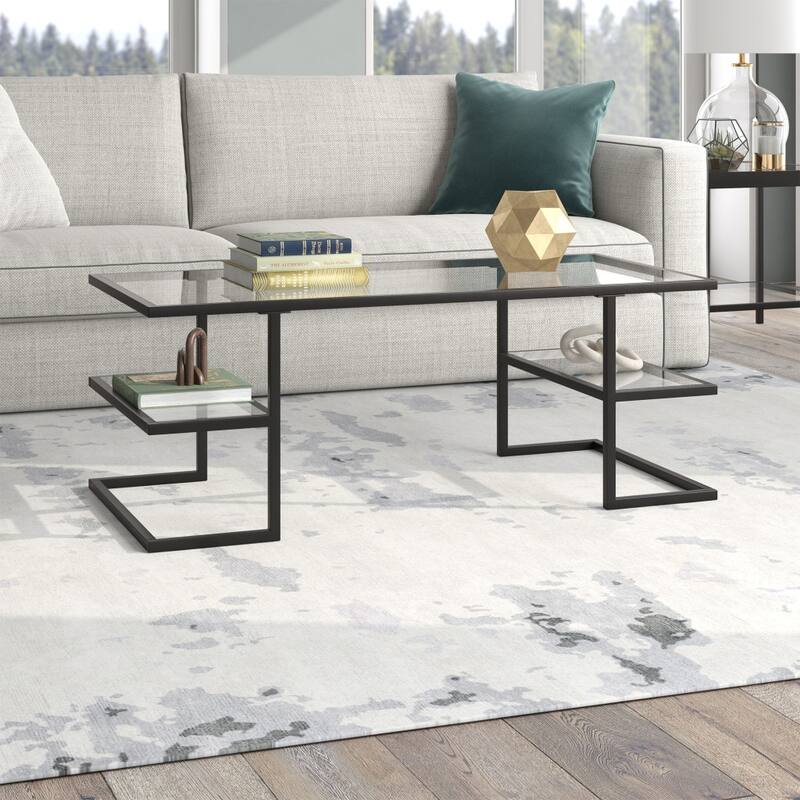 Sleek 47 Inch Rectangular Coffee Table with Glass Top and Steel Frame 2 Shelves for Storage - 47"L x 22"W x 18"H