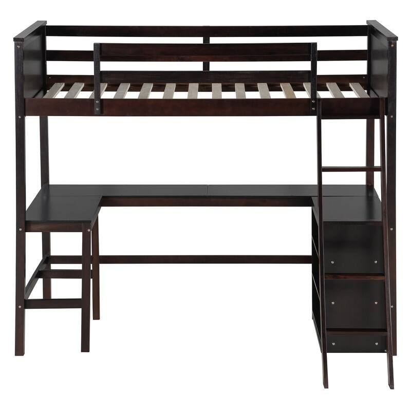 Twin size Loft Bed with Shelves and Desk, Wooden Loft Bed with Desk - Espresso