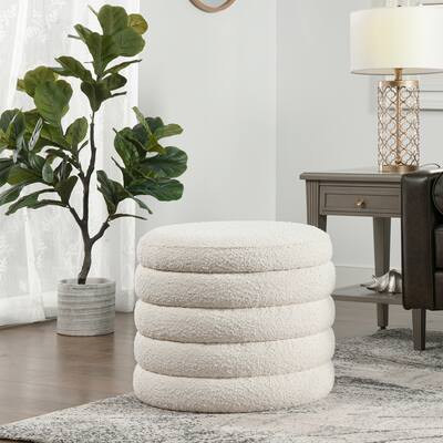 19" Oversized Round Upholstered Storage Ottoman, Sturdy Solid Birchwood and Plywood Frame, Boucle