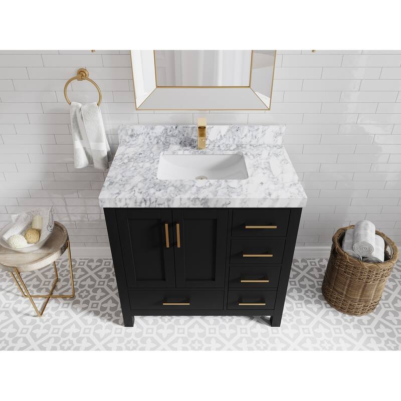 Willow Collections 36 in. W x 22 in. D Malibu Center Sink Left Bathroom Vanity with Countertop - 2" Carrara Marble - Black