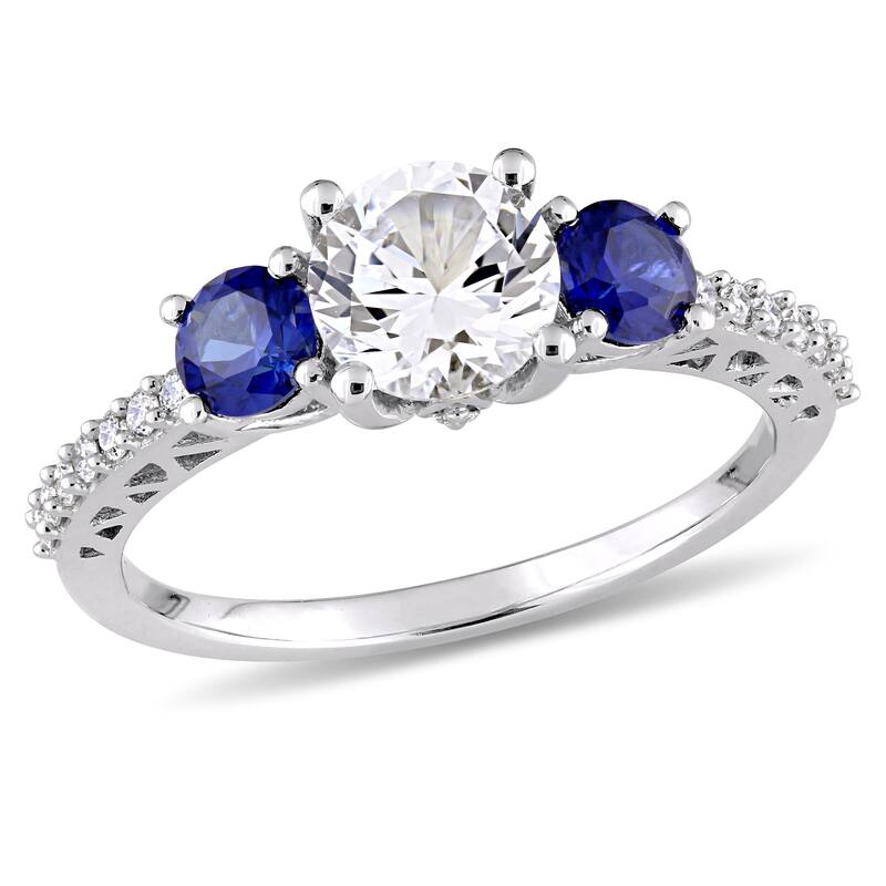 Created Blue and White Sapphire Diamond 3-Stone Ring in 10k white Gold by Miadora