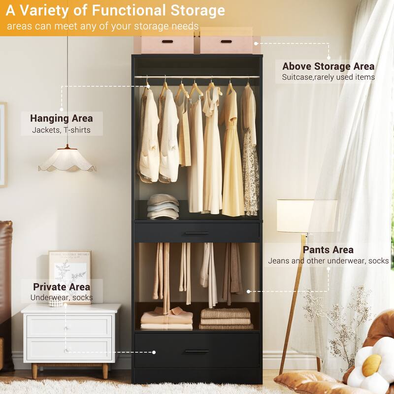 Qvella 23.6'' W Closet System with Hanging Rods and Wooden Drawers, Modular Walk-In Closet Organizer with Pants Rack