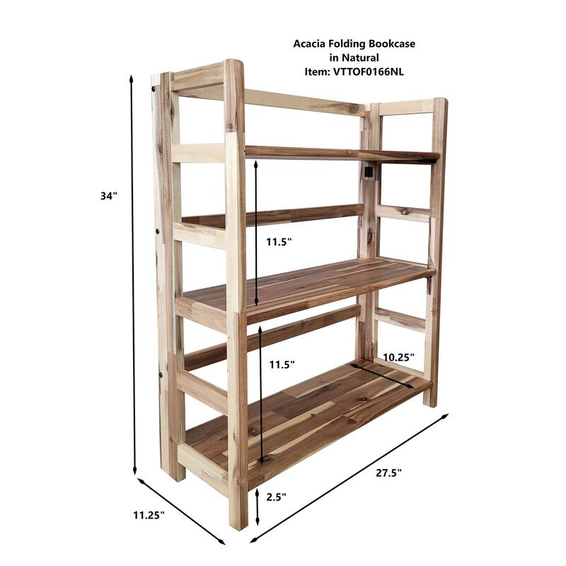Solid Acacia 3 Shelf Folding Bookcase in Mahogany