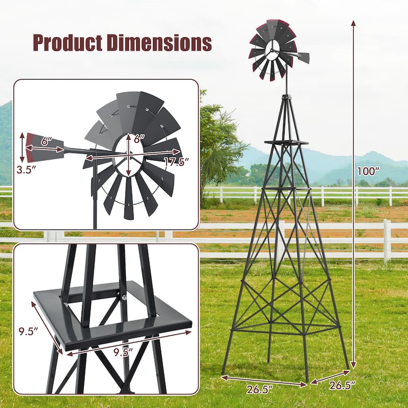 8 Feet Metal Windmill Outdoor Garden Yard Ornament with Weathervane