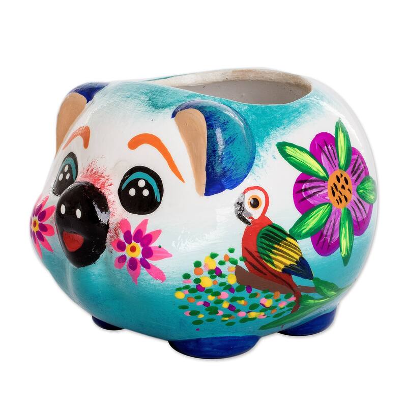 Novica Handmade Herbaceous Piglet Ceramic Mini Flower Pot