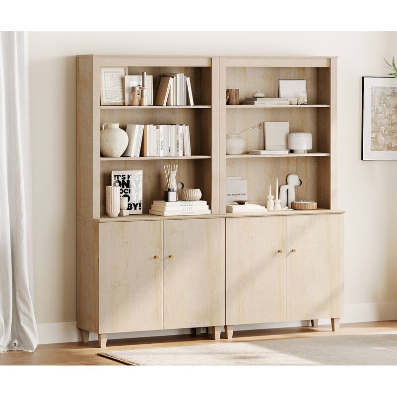 WAMPAT Modern 71" Tall Bookcase with Cabinets, 2 Column 5 Tiers