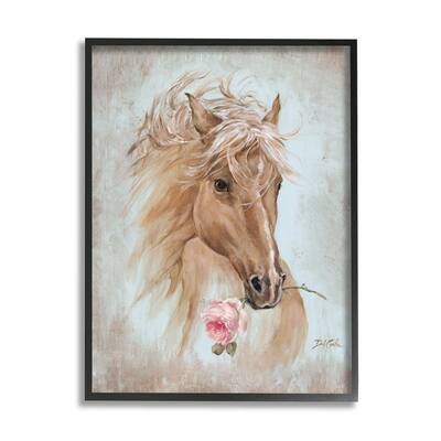 Stupell Vintage Horse Portrait Equestrian Painting Pink Rose Floral Framed Wall Art - Blue
