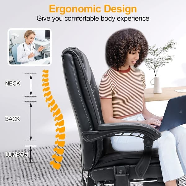 dimension image slide 0 of 11, EROMMY Heated Massage Executive Office Chair, PU Leather with Retractable Footrest