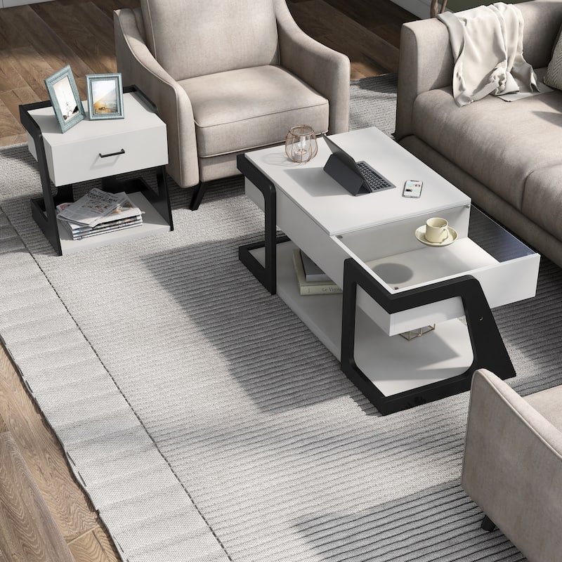 DH BASIC 2-Piece Modern White Lift-top Coffee Table and End Table Set by Denhour