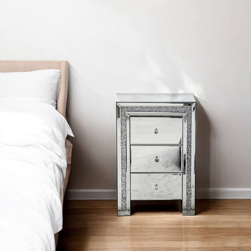 27" Silver Three Drawer Mirrored Nightstand