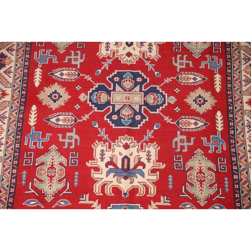 Red Geometric Kazak Area Rug Hand-Knotted Living Room Wool Carpet - 6'8" x 9'9"