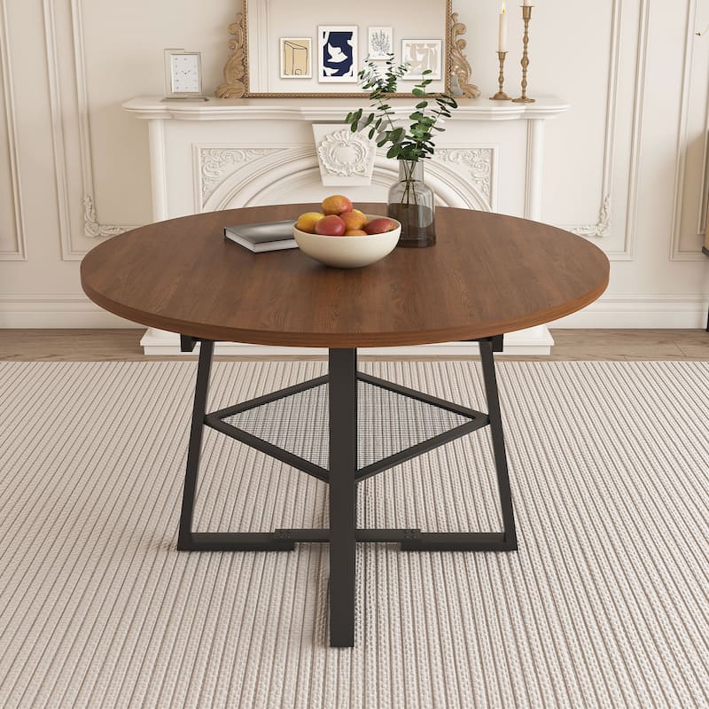47 Inch Extendable Round Dining Table for 4-8 with Storage, Walnut Finish Circle Dining Table with Metal Frame